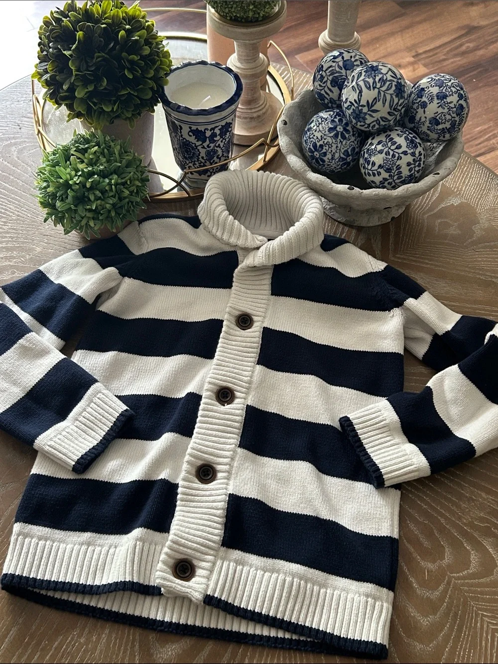 Gymboree Kids Navy & Creamy White Striped Button Sweater Cowl Neck Cardigan